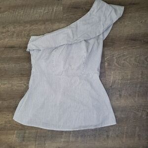 Antonio Melani Top Women's XS Gray White One Shoulder Blouse Stripe Peplum Shirt